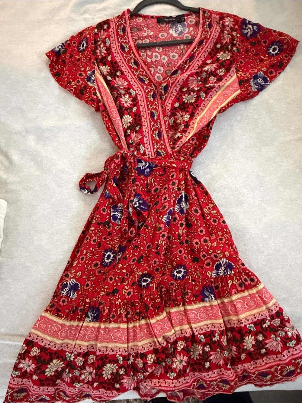 Red Floral V-Neck Boho Dress with Tie Waist